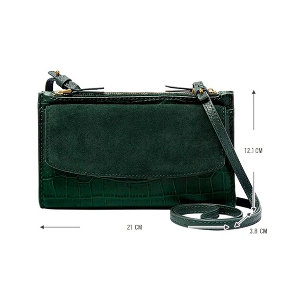 S Fossil Sage Green Leather Suede Crossbody Double-Zip SLG1322366 NWT Alligator - Picture 6 of 13